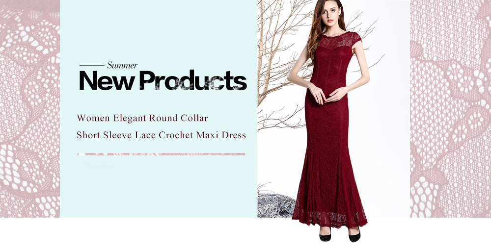 Elegant Round Collar Short Sleeve See-through Lace Crochet Zipper Bodycon Women Maxi Dress