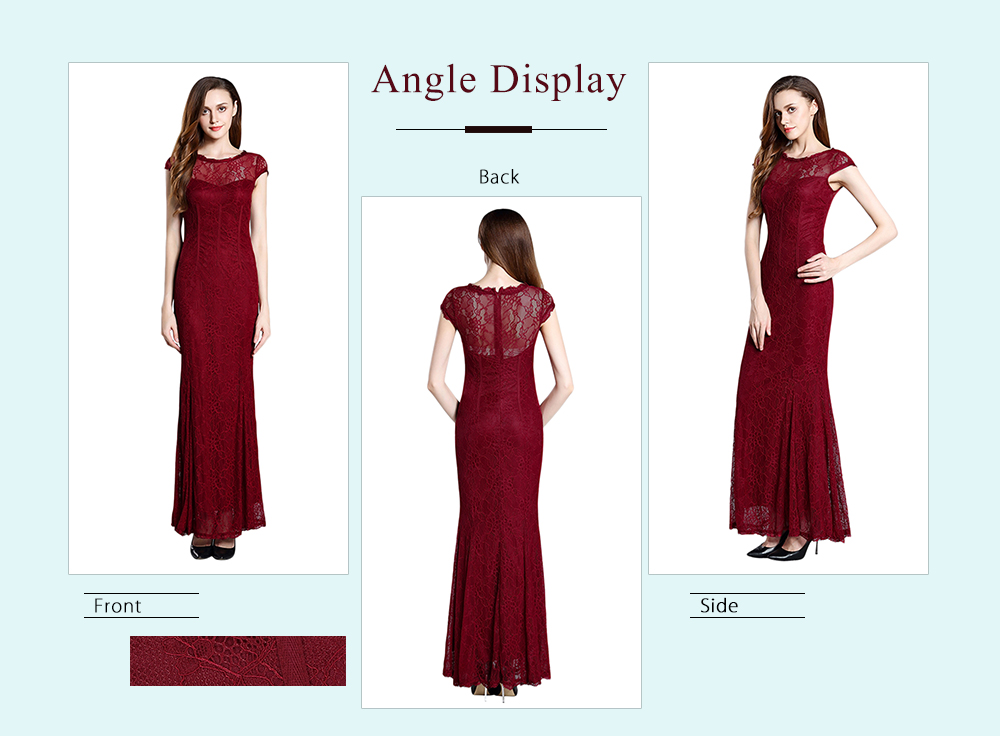 Elegant Round Collar Short Sleeve See-through Lace Crochet Zipper Bodycon Women Maxi Dress