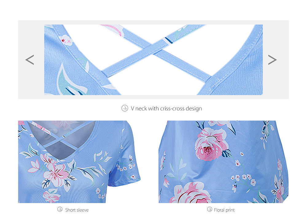 Trendy V Neck Short Sleeve Floral Print Criss Cross Women Blouse