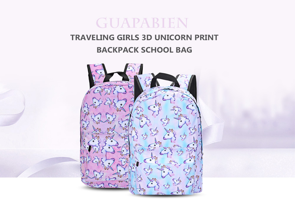 Guapabien Traveling Girls 3D Unicorn Print Backpack Zipper School Bag