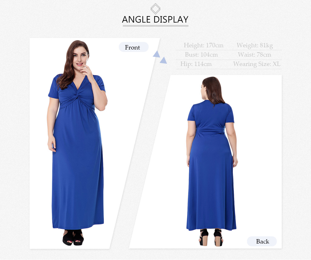 Trendy Plunge Neck Short Sleeve Solid Color Knitted Plus Size Women Maxi Dress