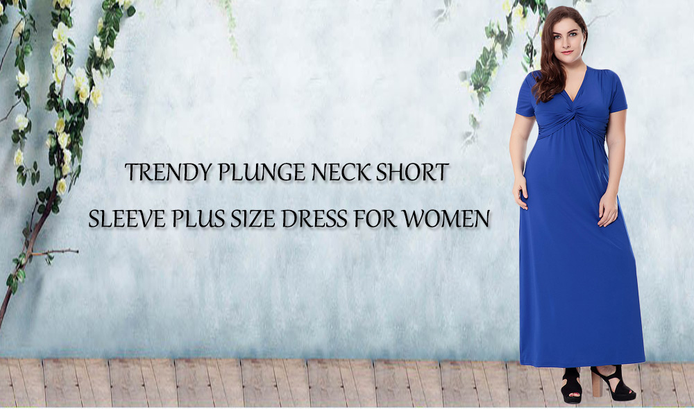 Trendy Plunge Neck Short Sleeve Solid Color Knitted Plus Size Women Maxi Dress