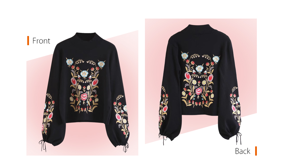 Stylish Stand Collar Long Sleeve Tied Embroidery Women Sweater