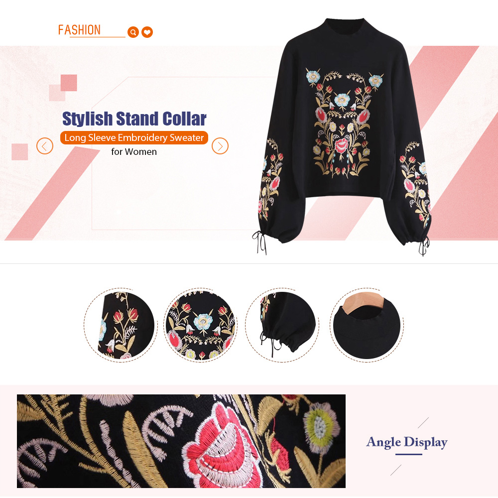 Stylish Stand Collar Long Sleeve Tied Embroidery Women Sweater