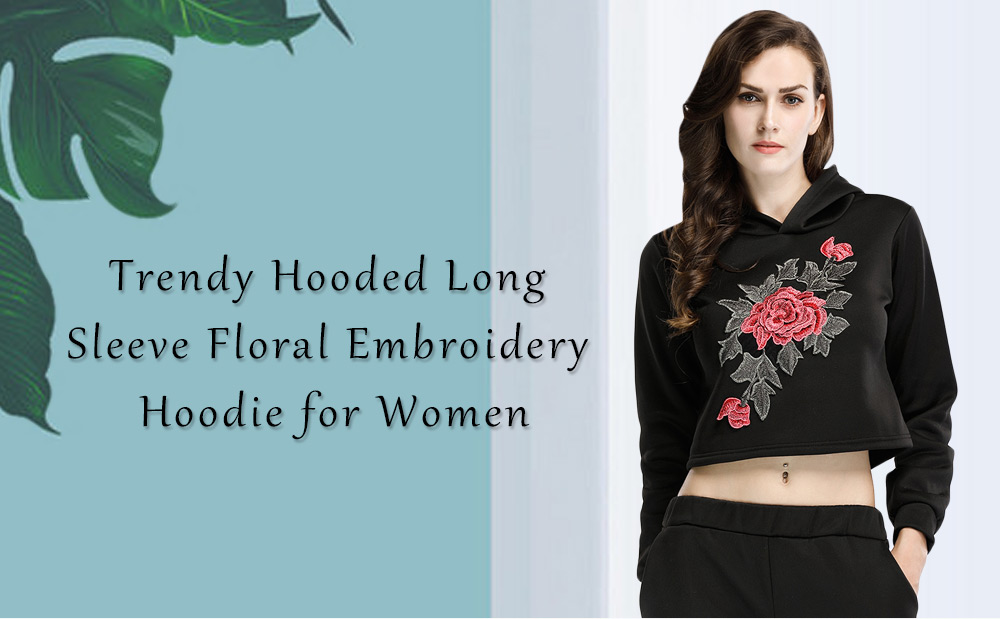 Trendy Hooded Long Sleeve Floral Embroidery Short Hoodie Women Crop Top