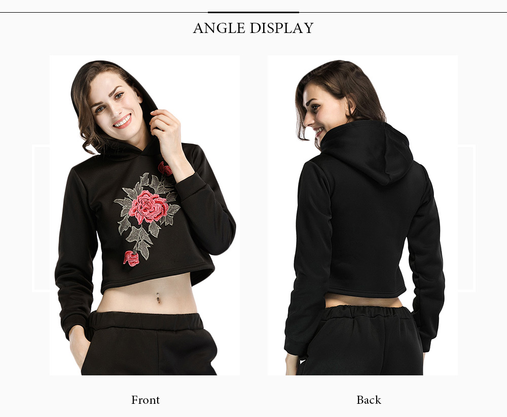 Trendy Hooded Long Sleeve Floral Embroidery Short Hoodie Women Crop Top