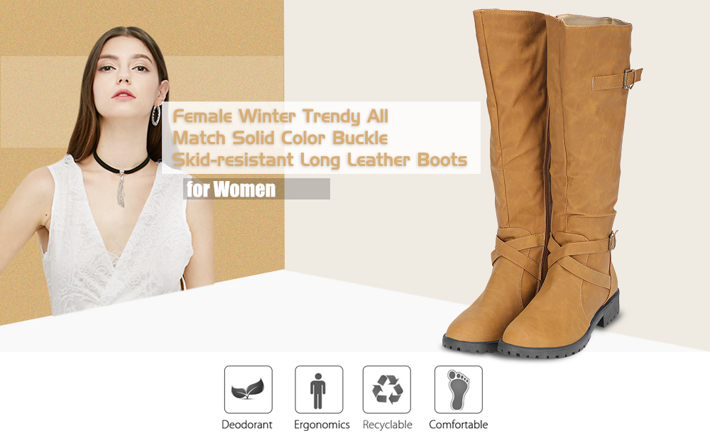 Female Winter Trendy All Match Solid Color Buckle Skid-resistant Long Leather Boots