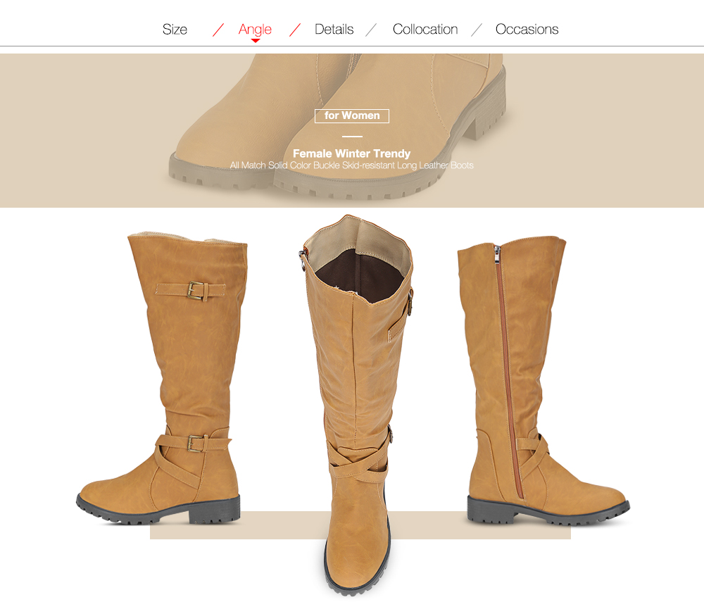 Female Winter Trendy All Match Solid Color Buckle Skid-resistant Long Leather Boots