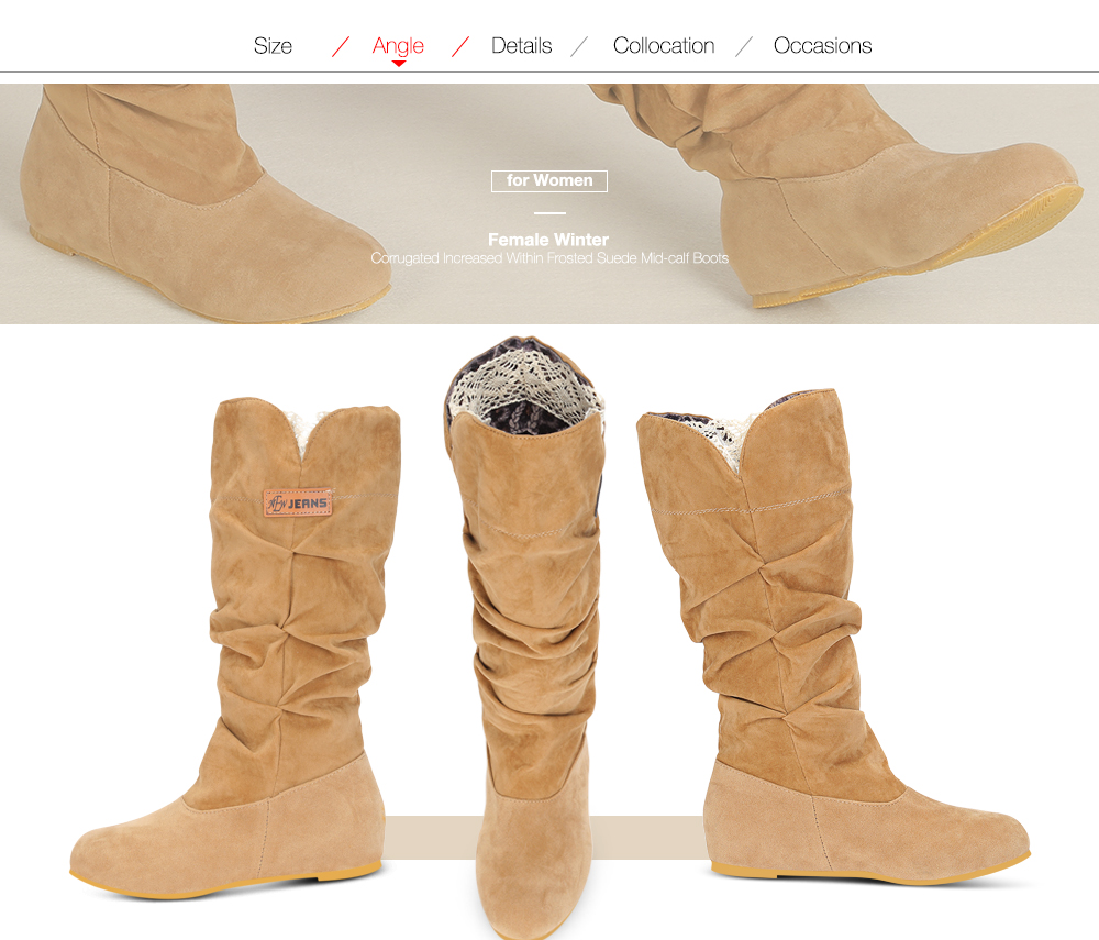 Female Winter Corrugated Increased Within Frosted Suede Mid-calf Boots
