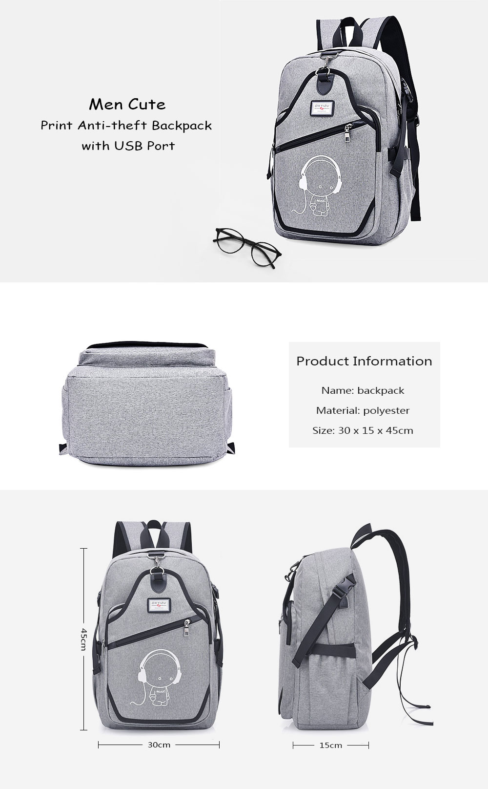 Cute Print Anti-theft Backpack with USB Port for Men