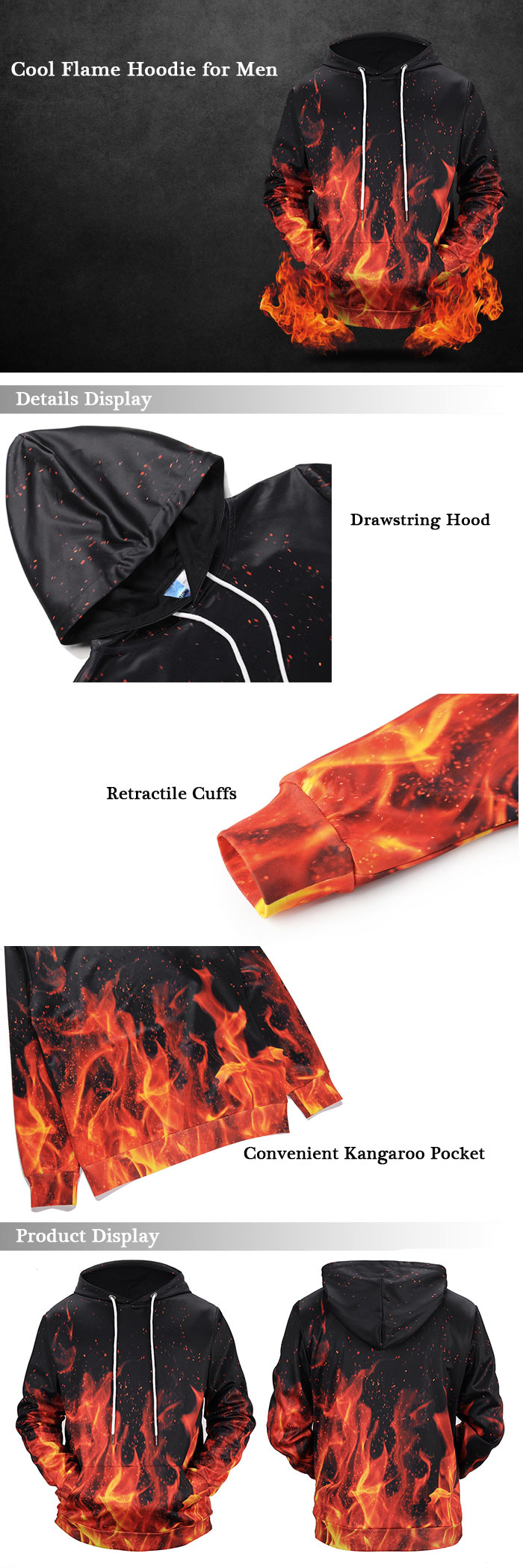 Kangaroo Pocket Drawstring Flame Hoodie