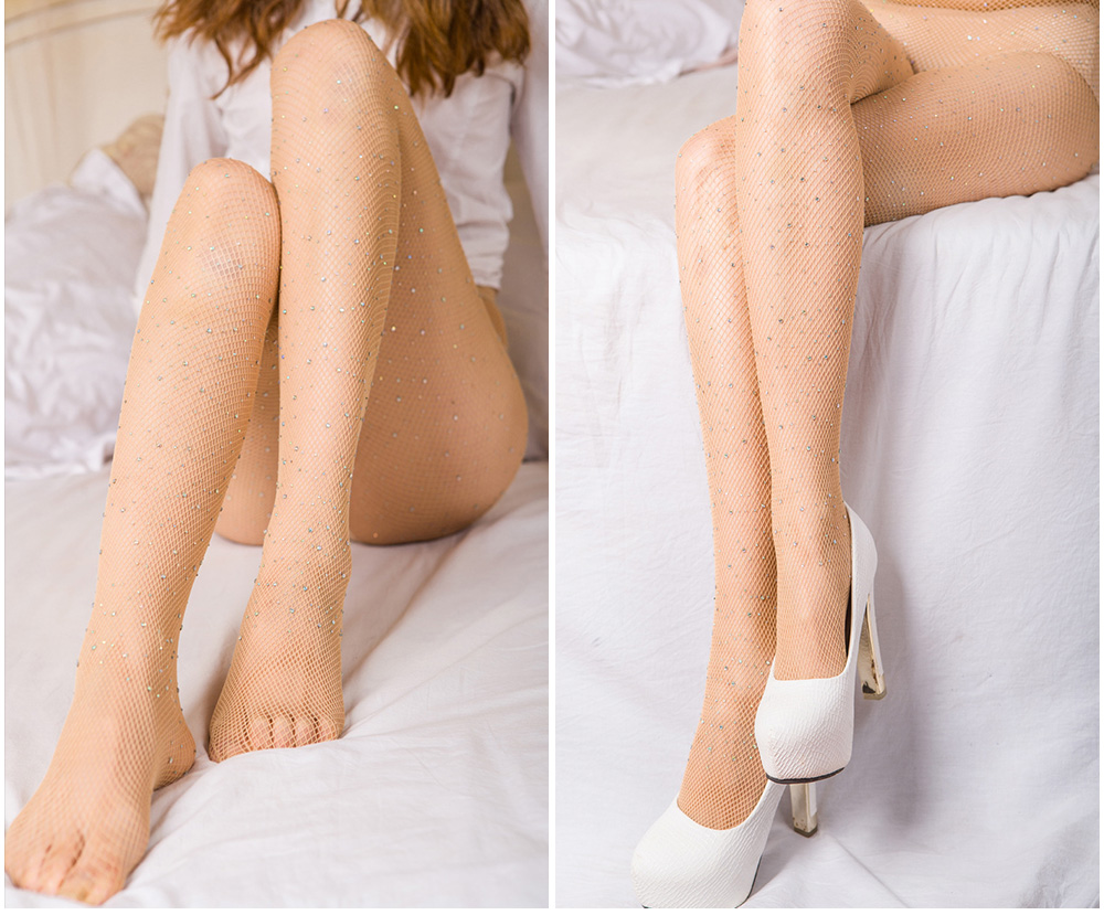 Sexy Pantyhose High Waist Tight Sparkle Rhinestone Fishnet Stockings for Women