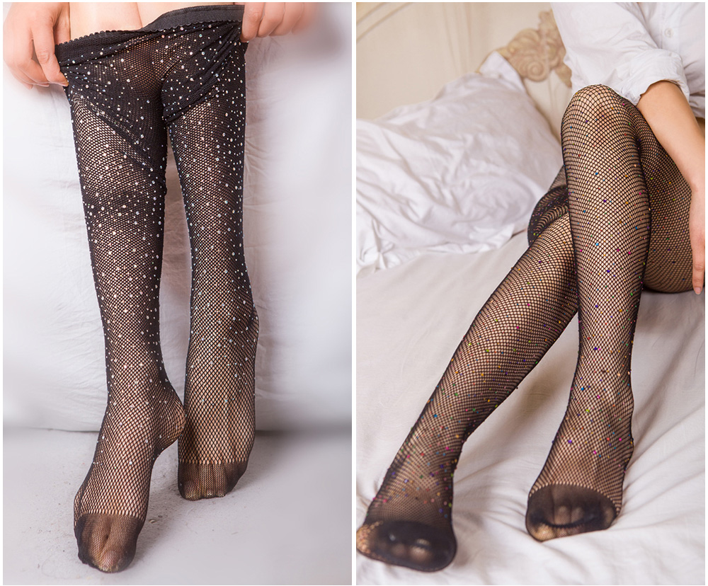 Sexy Pantyhose High Waist Tight Sparkle Rhinestone Fishnet Stockings for Women