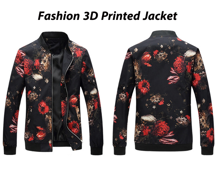 Stand Collar 3D Florals Print Zip Up Jacket