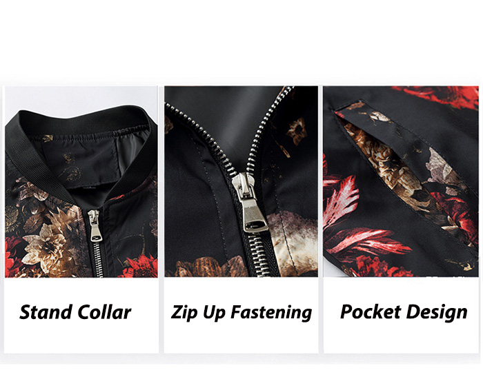 Stand Collar 3D Florals Print Zip Up Jacket