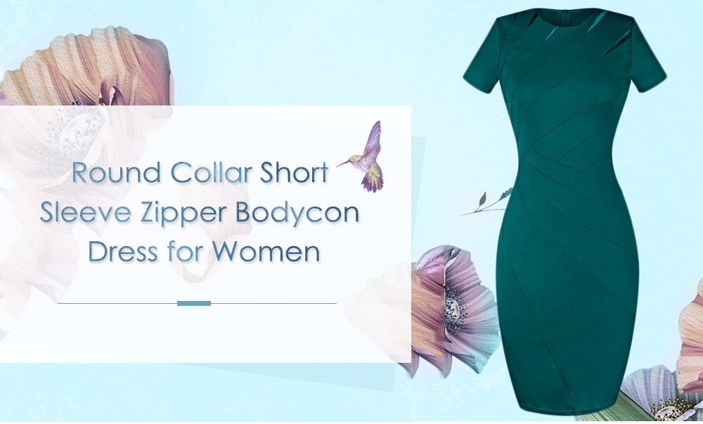 Trendy Round Collar Short Sleeve Solid Color Zipper Women Bodycon Dress