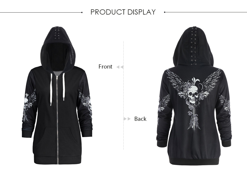 Trendy Hooded Long Sleeve Skull Print Lace-up Zipper Women Hoodie