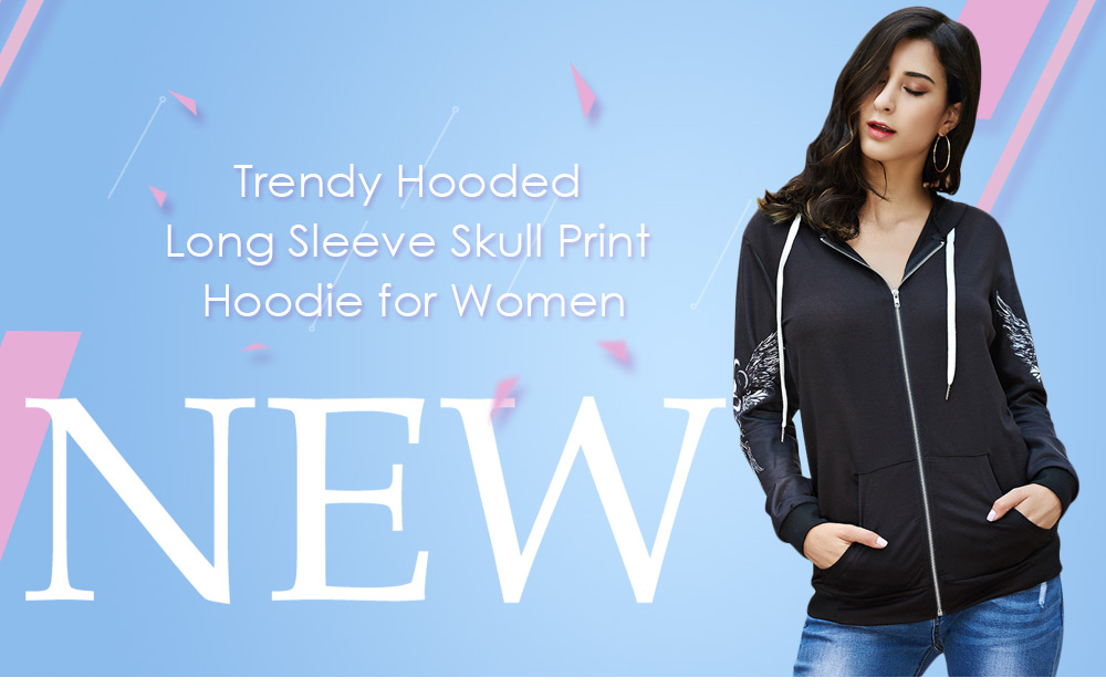 Trendy Hooded Long Sleeve Skull Print Lace-up Zipper Women Hoodie