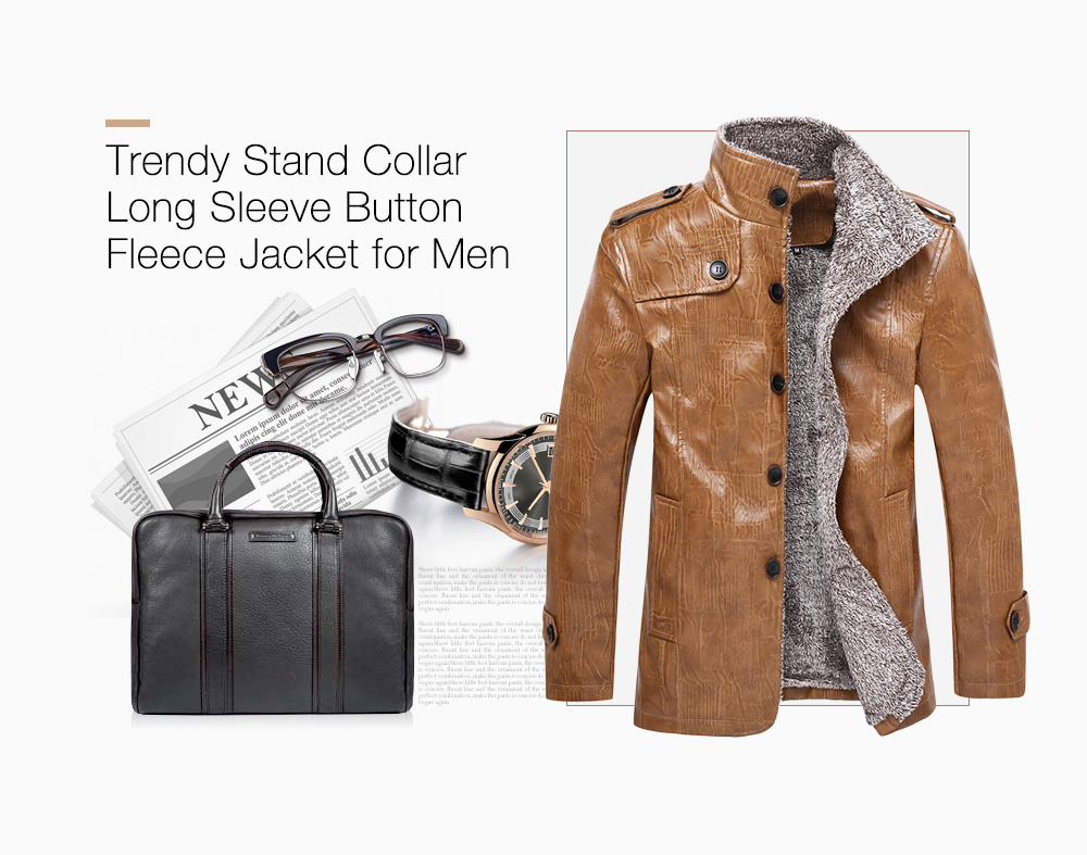 Trendy Stand Collar Long Sleeve Button Pocket Fleece Men Jacket