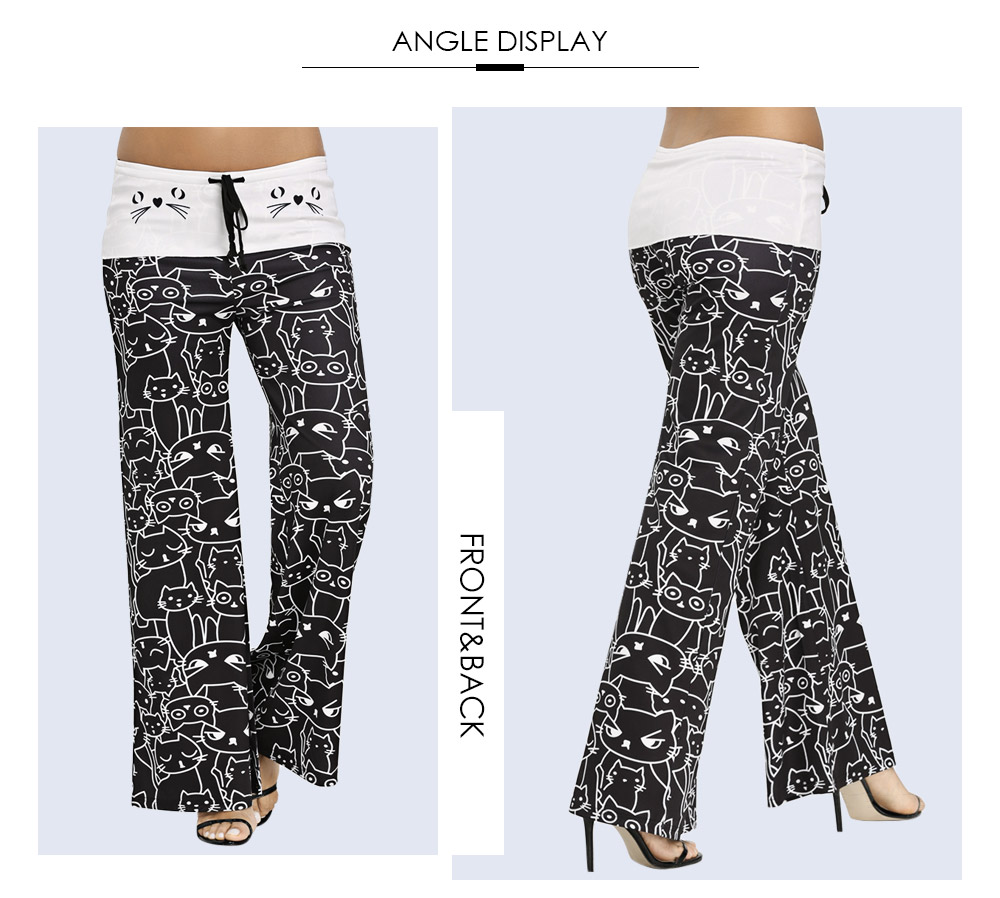 Trendy Mid Waist Cat Print Wide-leg Drawstring Women Long Pants