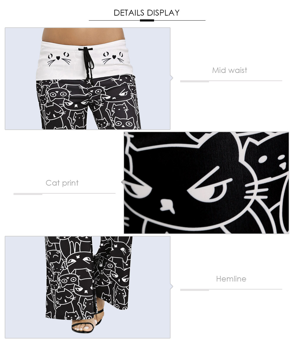 Trendy Mid Waist Cat Print Wide-leg Drawstring Women Long Pants