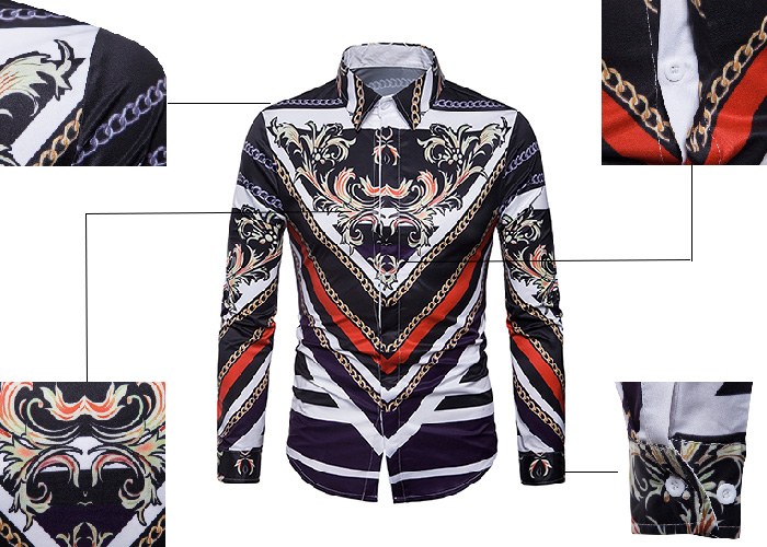 Turndown Collar Cover Placket 3D Florals Chain Print Shirt