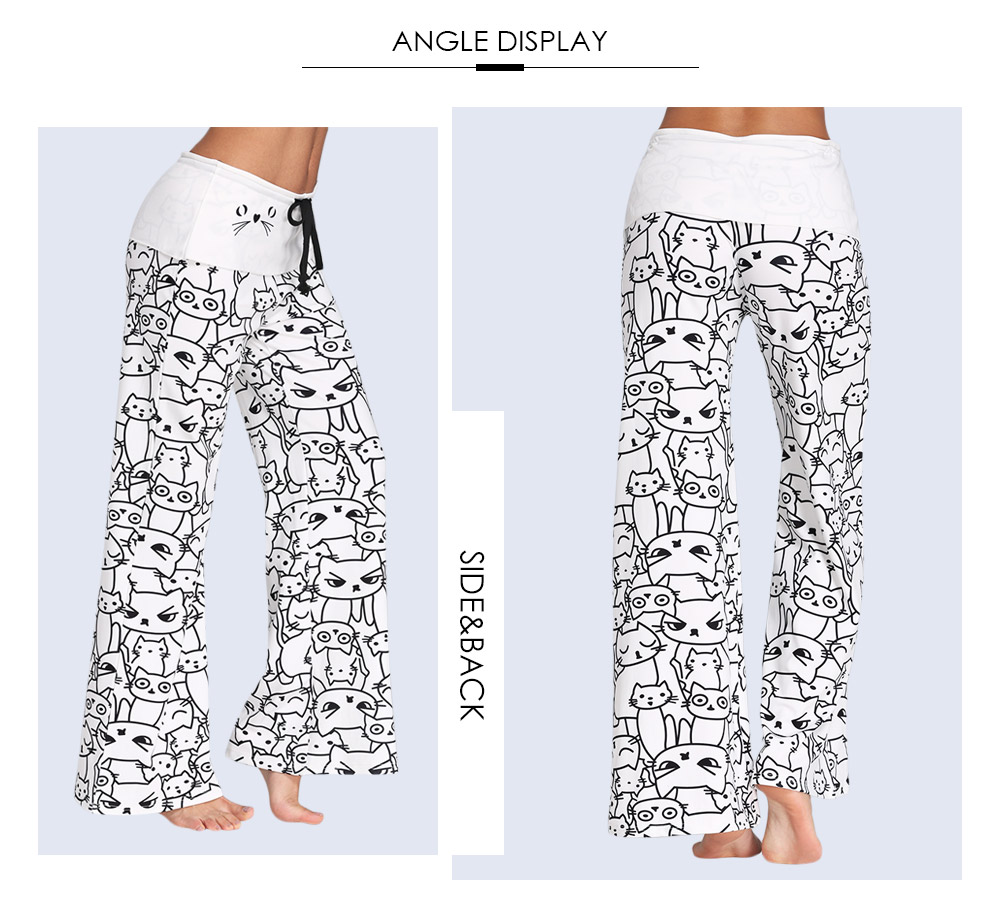 Trendy Mid Waist Cat Print Wide-leg Drawstring Women Long Pants