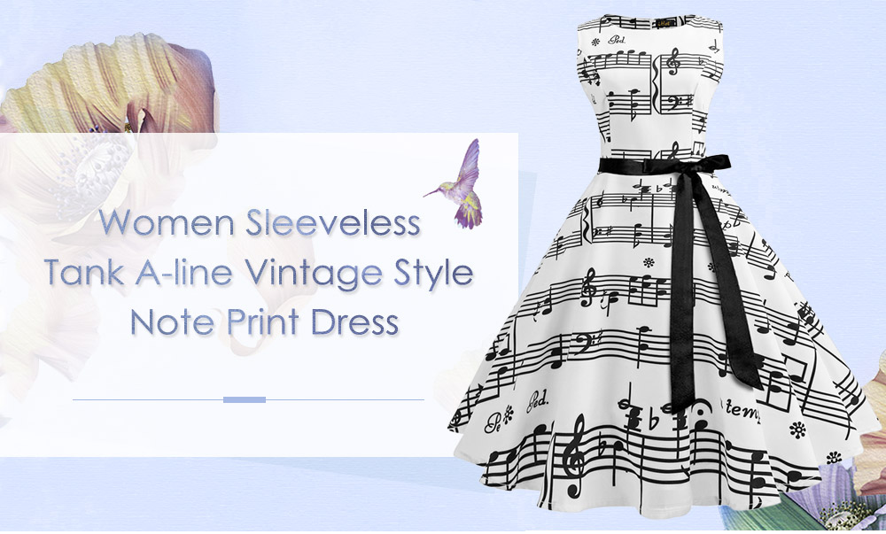 Vintage Boat Neck Sleeveless Tank A-line Women Note Print Dress