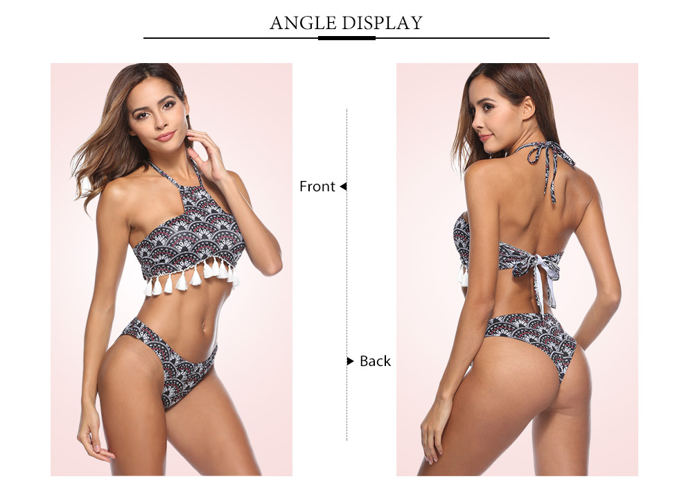 Sexy Halter Neck Backless Fringed Print Low Waist Women Bikini Set