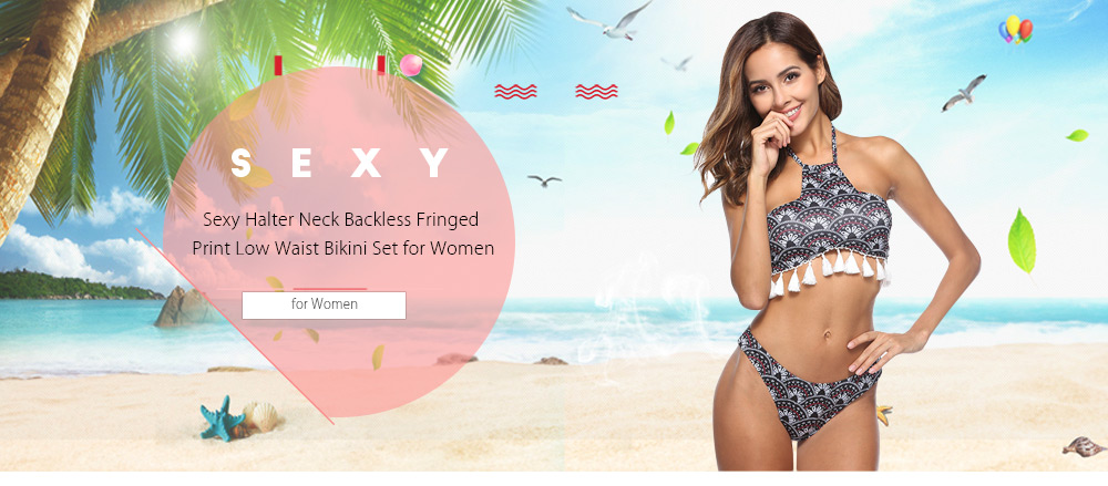 Sexy Halter Neck Backless Fringed Print Low Waist Women Bikini Set