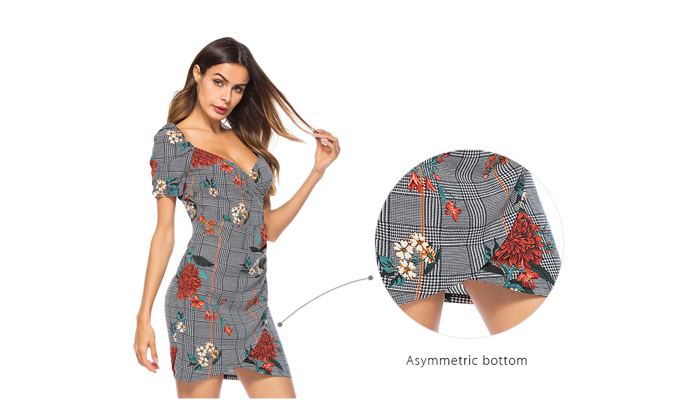 Sexy Plunge Neck Short Sleeve Floral Print Plaid Backless Asymmetric Women Bodycon Dress