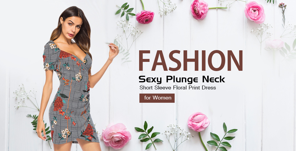 Sexy Plunge Neck Short Sleeve Floral Print Plaid Backless Asymmetric Women Bodycon Dress