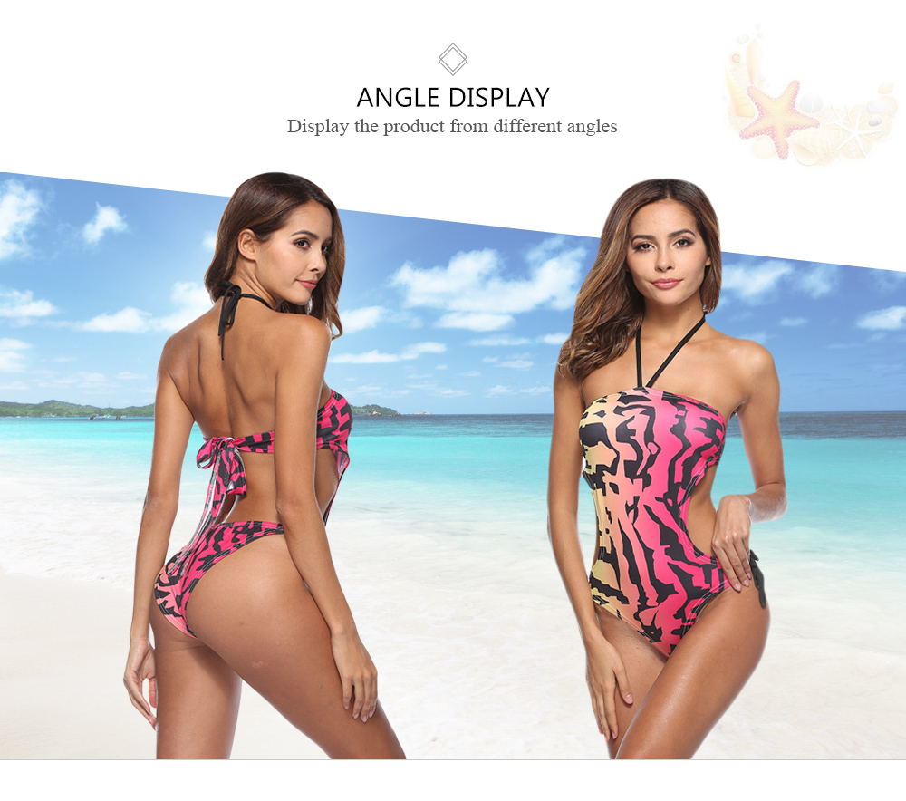 Sexy Halter Neck Backless Tied Strap Print Women Swimsuit