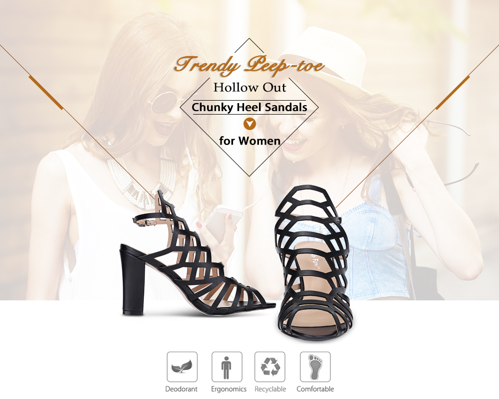 Trendy Peep-toe Hollow Out Chunky Heel Buckle Women Sandals