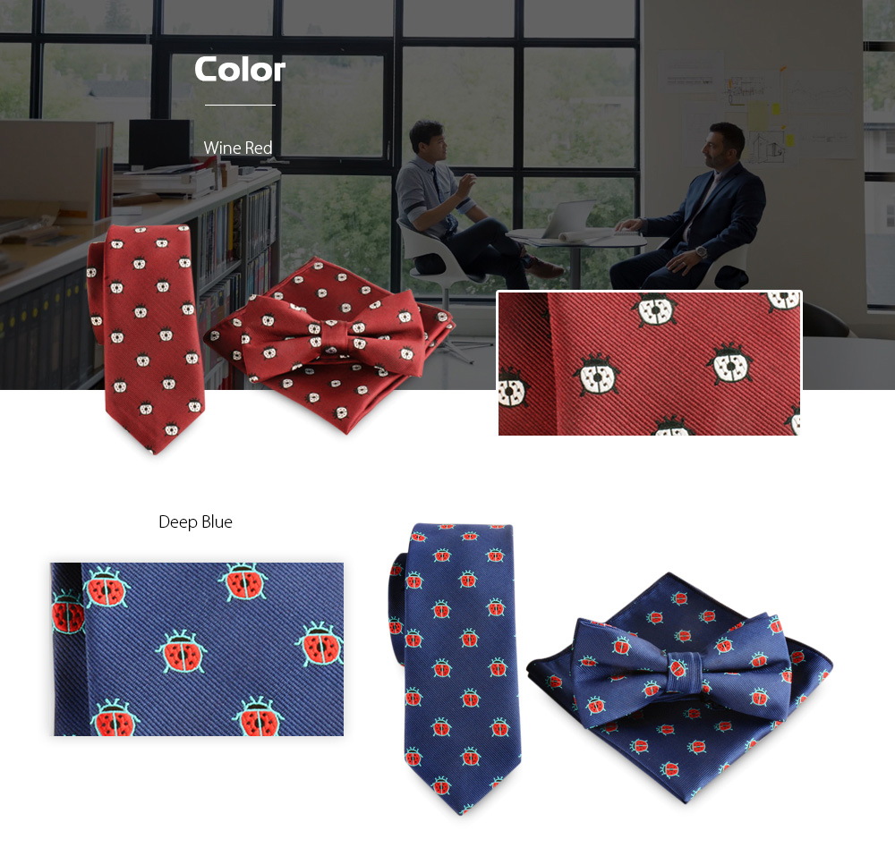 Ladybug Print Necktie Cravat Bow Tie Handkerchief Set Wedding Party Accessories