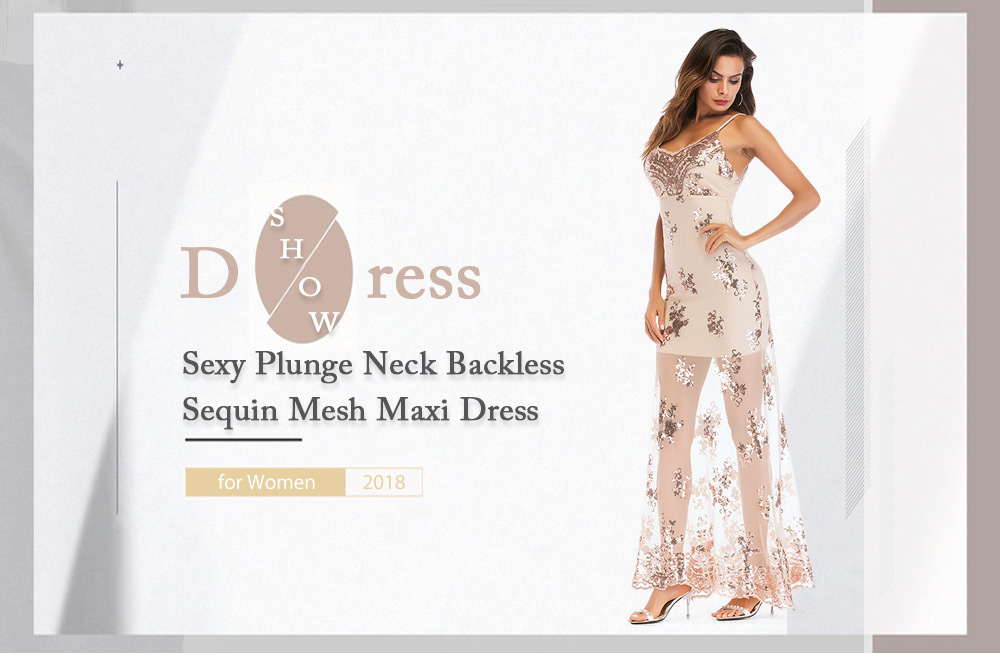 Sexy Plunge Neck Spaghetti Strap Backless Sequin See-through Mesh Women Maxi Dress