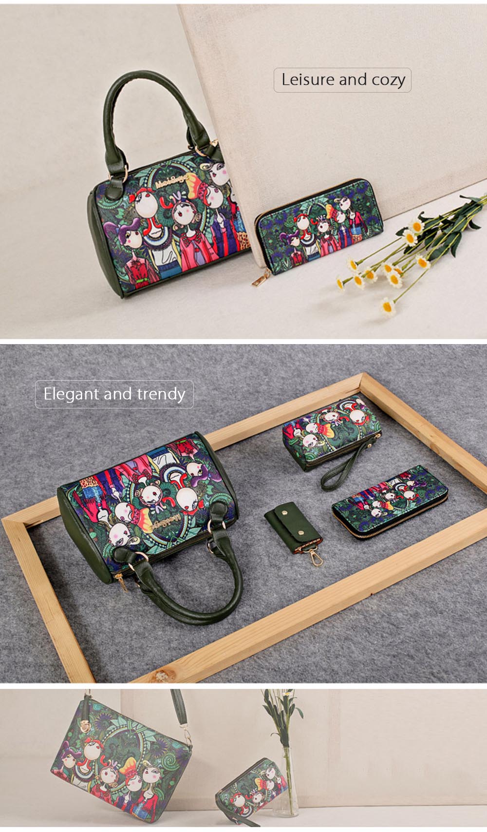 Guapabien Cartoon Printing Stylish Lady Bag Kit Shoulder Handbag Women Wallet