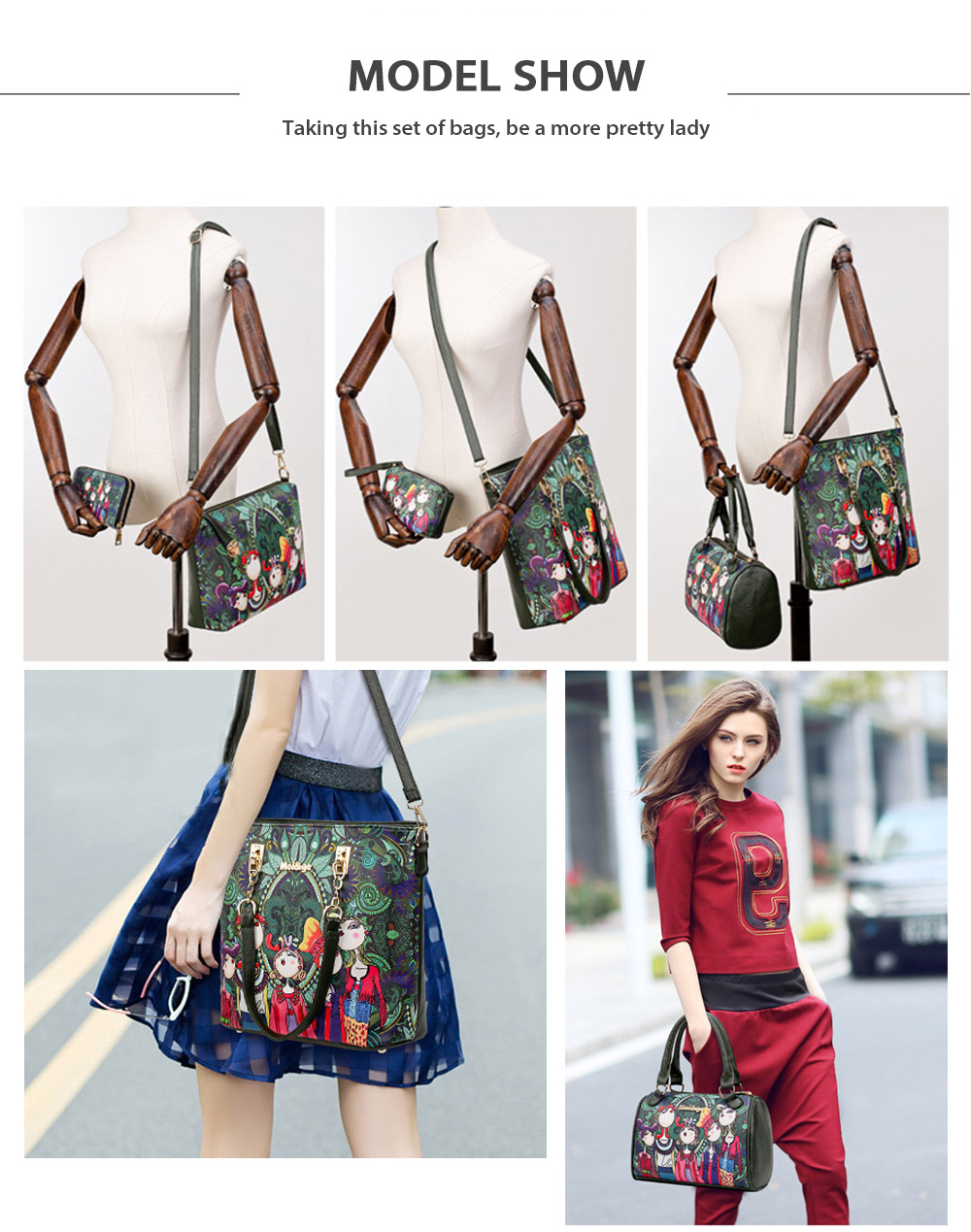 Guapabien Cartoon Printing Stylish Lady Bag Kit Shoulder Handbag Women Wallet