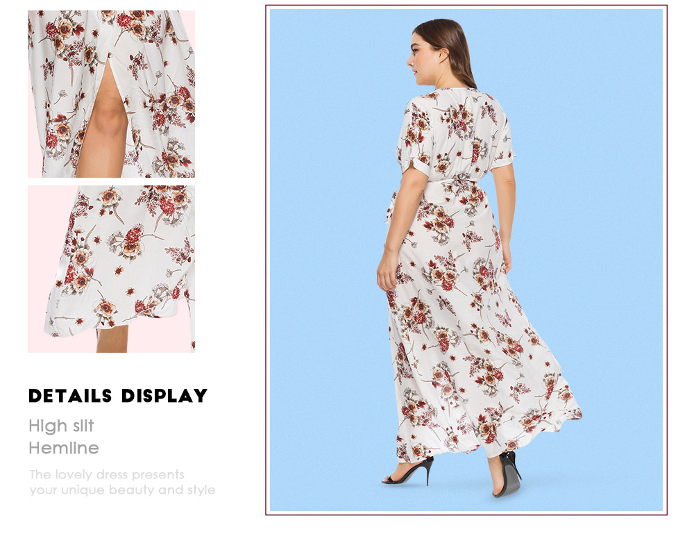Sexy Plunge Neck Short Sleeve Floral Print Slit Plus Size Women Maxi Dress