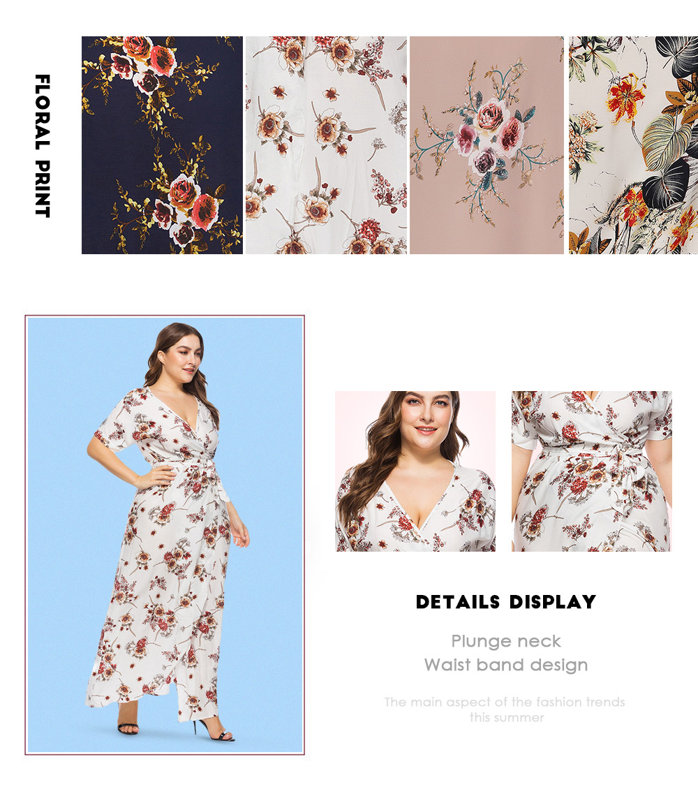 Sexy Plunge Neck Short Sleeve Floral Print Slit Plus Size Women Maxi Dress
