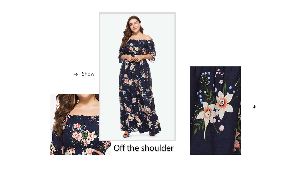 Trendy Off The Shoulder Half Sleeve Polka Dot Floral Print Plus Size A-line Women Maxi Dress
