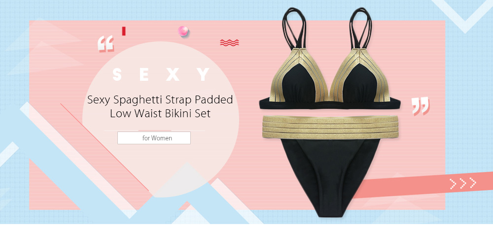 Sexy Spaghetti Strap Backless Padded Spliced Gilding Low Waist Women Bikini Set