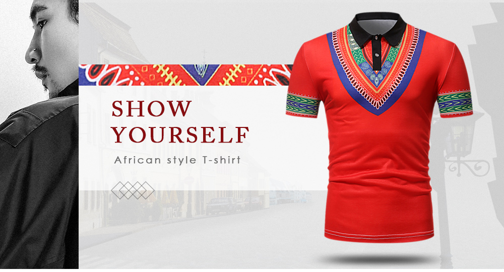 Stylish Short Sleeve Top Turn Down Collar for Men Casual Floral African Style