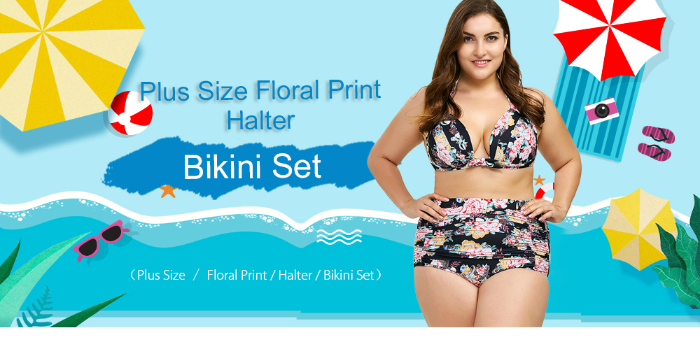 Plus Size Floral Print Halter Bikini Set