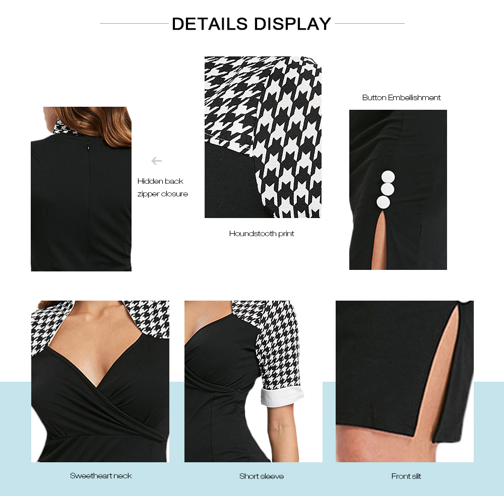 Houndstooth Print Button Embellished Bodycon Dress