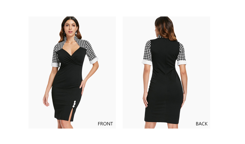 Houndstooth Print Button Embellished Bodycon Dress