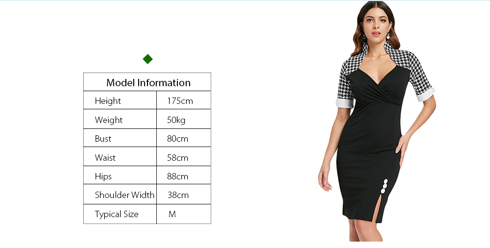 Houndstooth Print Button Embellished Bodycon Dress