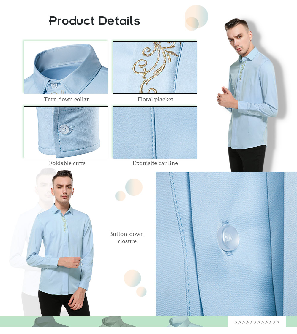Men Causal Turn Down Collar Slim Floral Placket Long Sleeve Shirt Male Top
