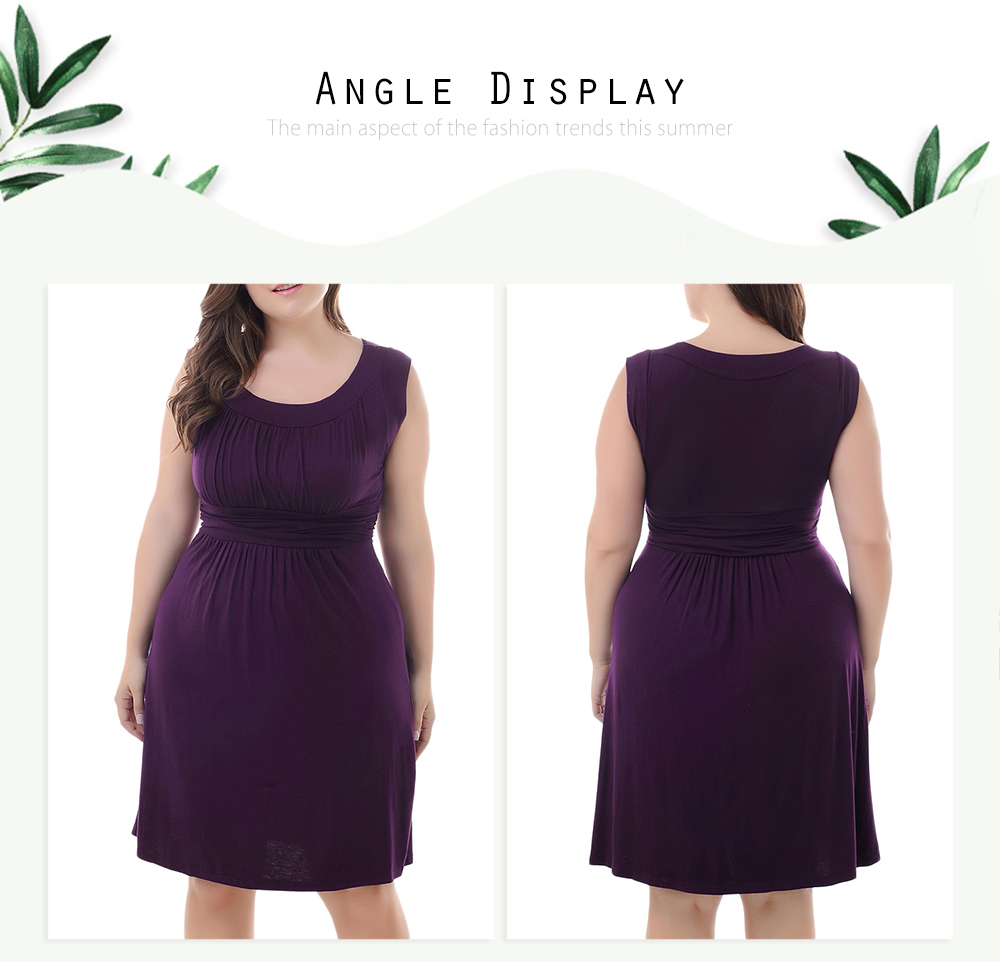 Scoop Neck Sleeveless Plus Size Ruched Solid Color Women Dress