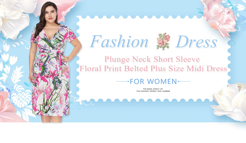 Plunge Neck Short Sleeve Floral Print Belted Plus Size Women Midi Dress